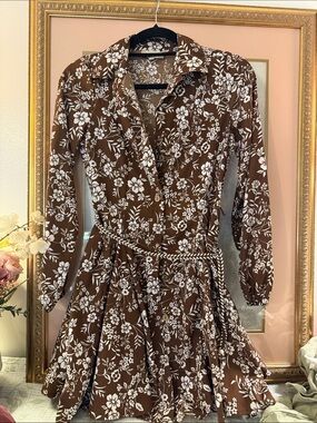 indulge Brown Floral Dress with White Print and belt